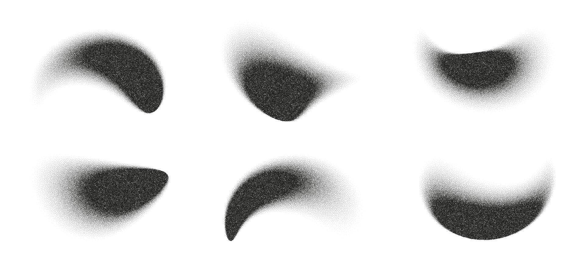 Six abstract shapes with stipple texture against plain white background, creating visual noise and fluid effects. vector
