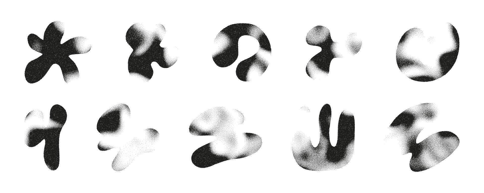 Liquid abstract shapes in various organic forms exhibit a blur and noise effect, creating a mesmerizing arrangement on a monochromatic background that invites viewer interpretation. vector