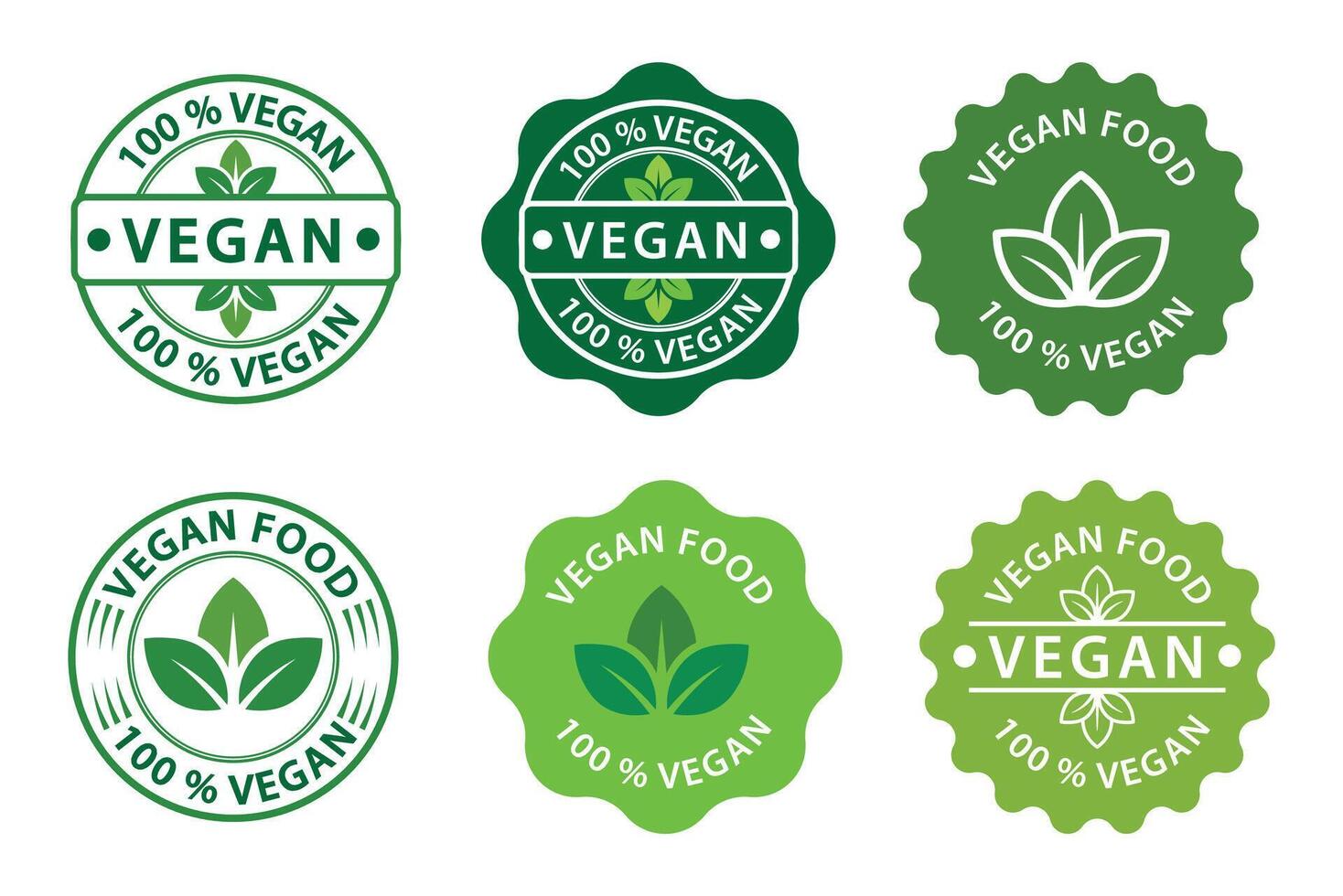 Collection of 100 percent Vegan Labels and Organic Food Badges in Green Tones. Combined Set of Vegan Food Stamp Labels with Vegetarian Green Leaf Circle Seals and Sticker Graphics vector