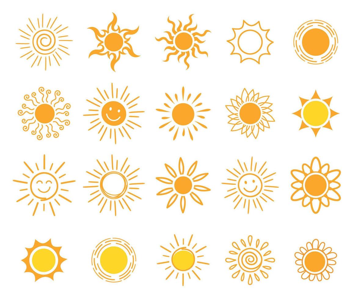 Set of doodle sun icons with hand-drawn rays. Scribble-style yellow sun symbols inspired by children drawings. Fun burst and hot weather elements. Illustration on white background. vector