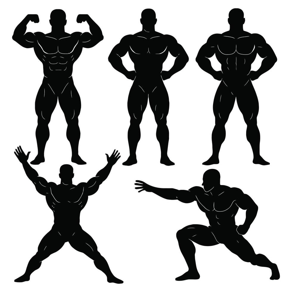 Bodybuilder Silhouette Set Muscular Fitness Poses for Gym and Sports Design vector