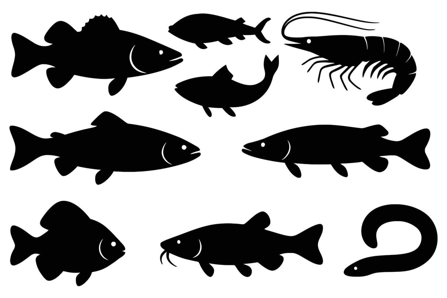 Silhouette Set of Freshwater and Aquatic Animals Including Fish, Shrimp, and Eel vector