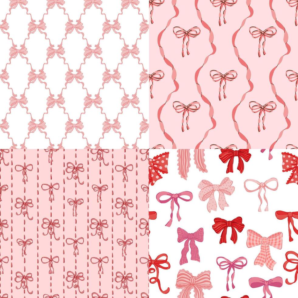 Coquette Bows Vintage ribbon seamless Pattern set. Pink red satin bow knot Damask texture collection vector