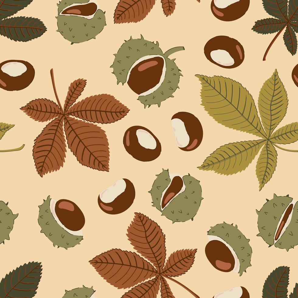 horse chestnut seeds leaves autumn seamless pattern. Fall ornament for fabric, wrapping vector
