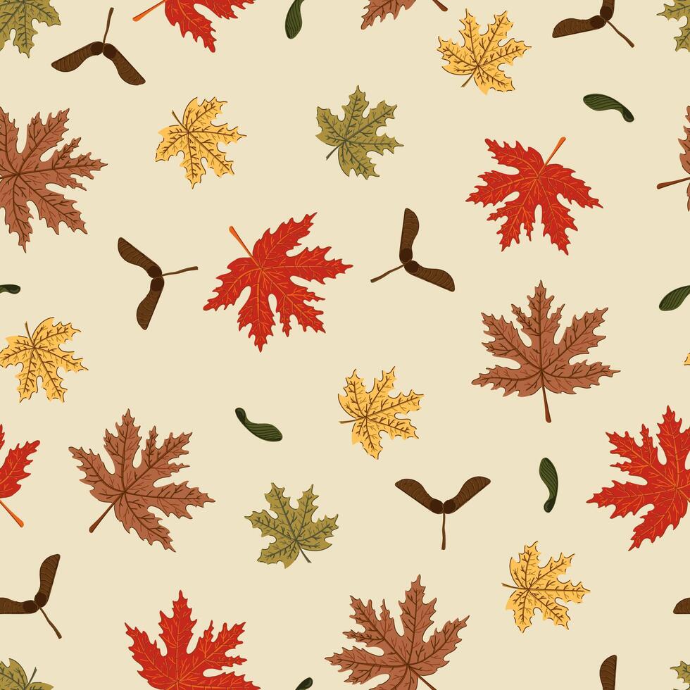 maple leaves and pod colorful autumn seamless pattern. Forest fall plant texture vector