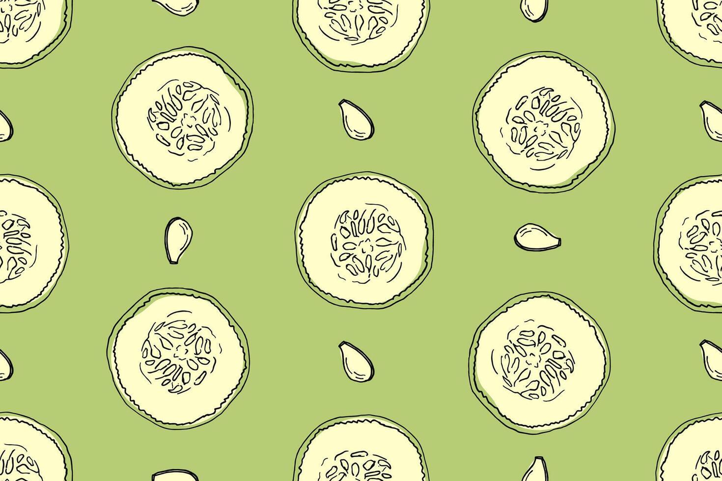 Seamless pattern of round cucumber slices on a green background in doodle style. background for banners about healthy eating, for packaging cosmetics, spas, kitchens, clothes. vector