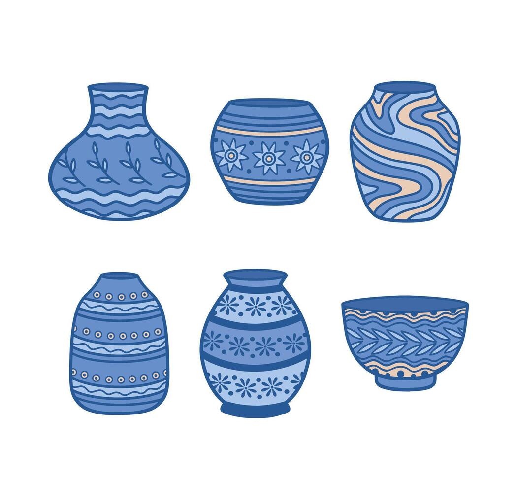 A set of ceramic vases with beautiful ornaments.Porcelain flower vase, antique ceramics, floral and abstract patterns. Ceramic vase. A flat style highlighted on a white background. illustration vector