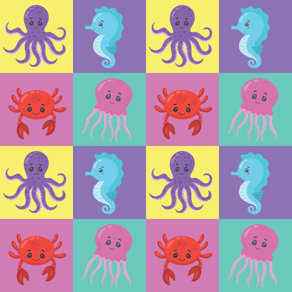 Seamless marine-themed pattern featuring octopuses, seahorses, fish and jellyfish. illustration consisting of handmade mosaic blocks. Marine flora and fauna. illustration vector