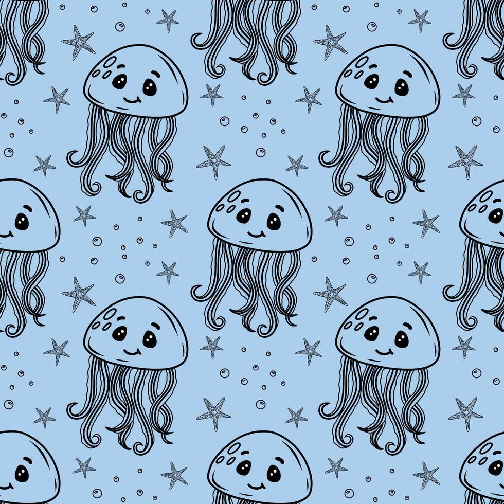Seamless pattern with jellyfish and starfish. Characters in a kawaii style. contour elements on a blue background. Sea pattern. vector