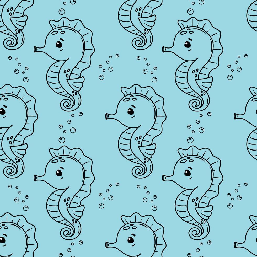 Seamless pattern with seahorses and air bubbles. . Sea background. Ideal for wallpaper, packaging, fabrics, prints and textiles. vector