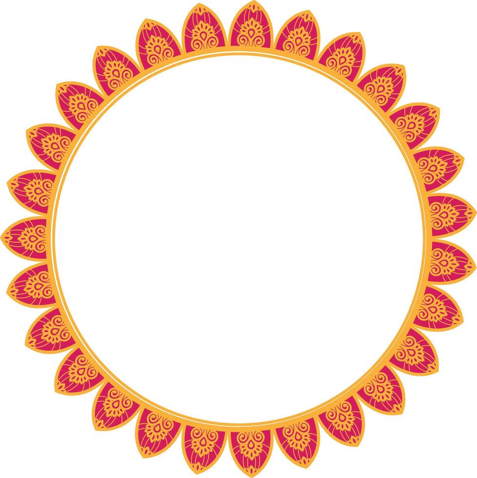 Decorative Mandala Circle Frame 5 with Floral Petal Border, Circular mandala frame with Pink and yellow floral petal design on white background vector