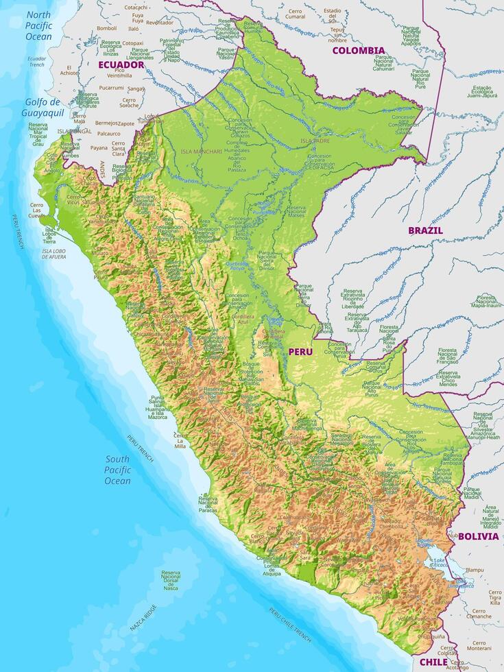 Detailed physical map of Peru vector