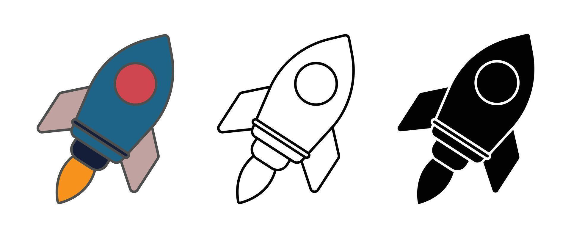 Three rocket ship illustrations color outline and silhouette vector