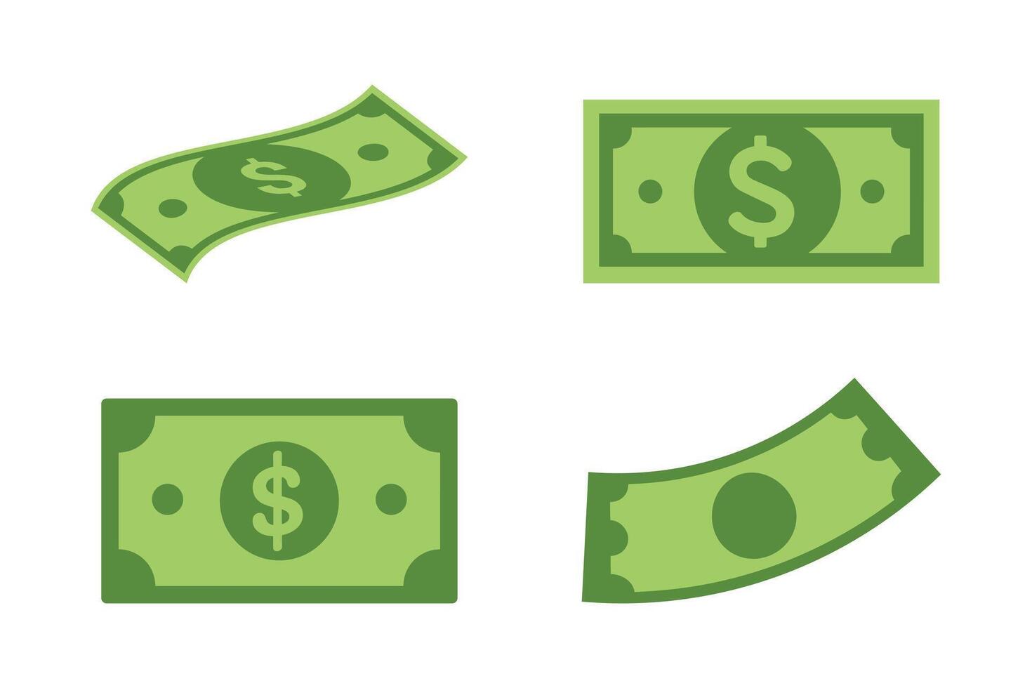 A set of four simple flat-design icons depicting a green US dollar bill in different orientations including flat curved and angled views. vector