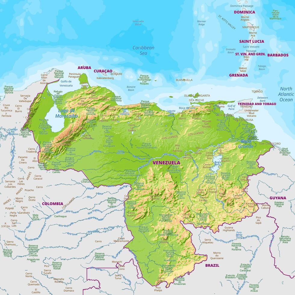 Detailed physical map of Venezuela vector