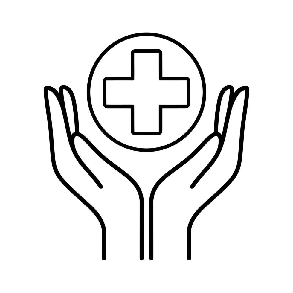 Medical cross symbol in protective hands line art icon vector