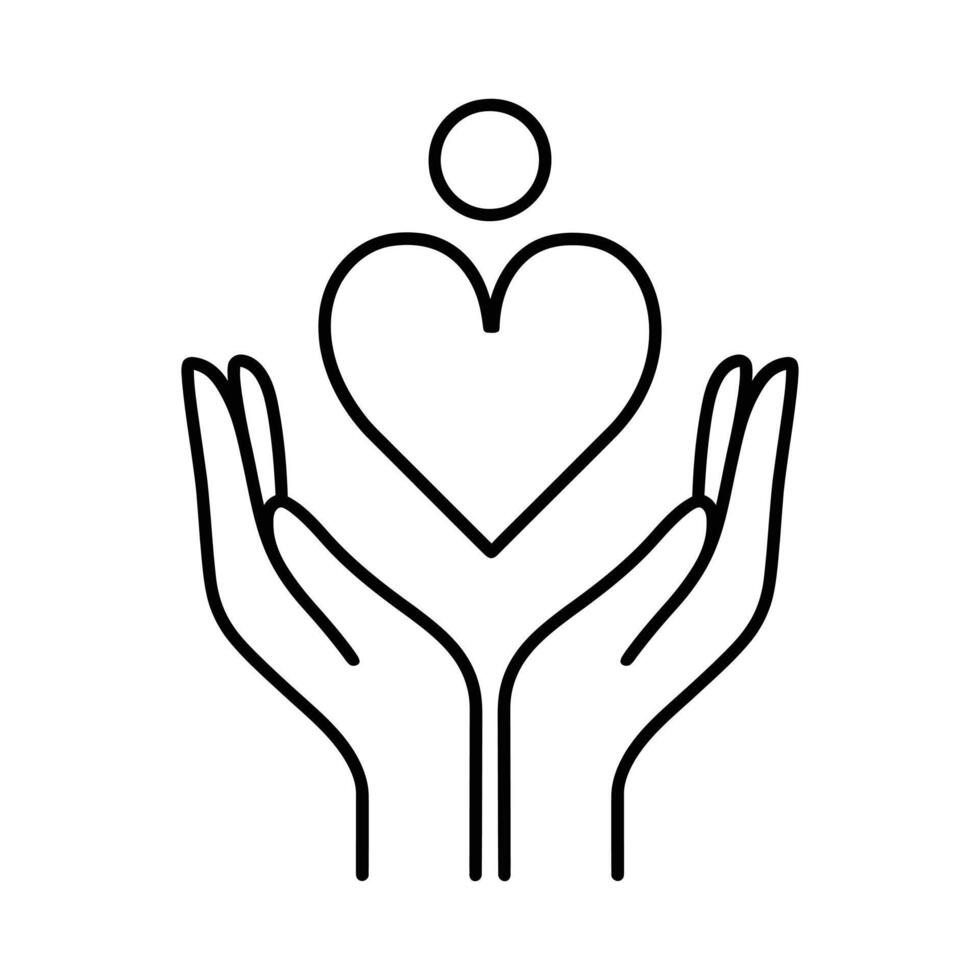 Two hands gently holding a heart with a small circle above vector