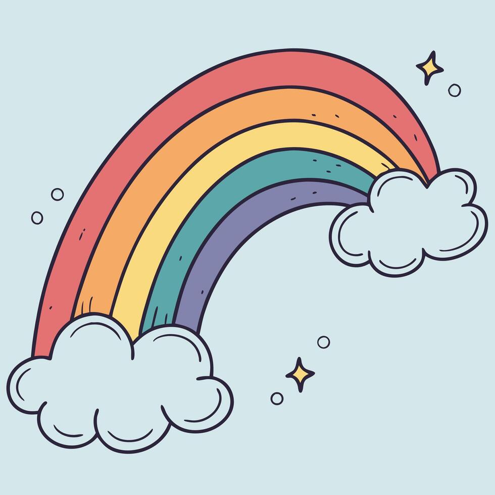A cartoon rainbow with clouds and stars on a light blue background simple and cute illustration style vector