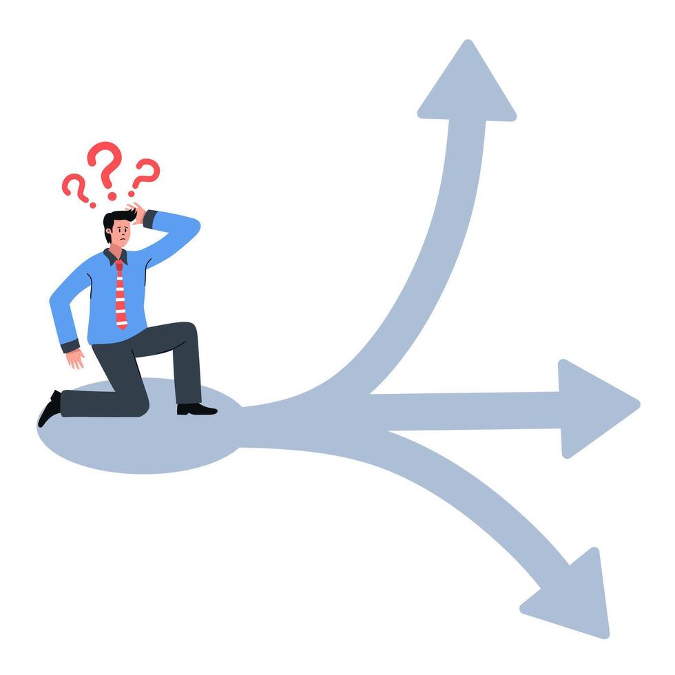 illustration of a confused man at a crossroads between career choices or decisions.question mark symbol on head vector