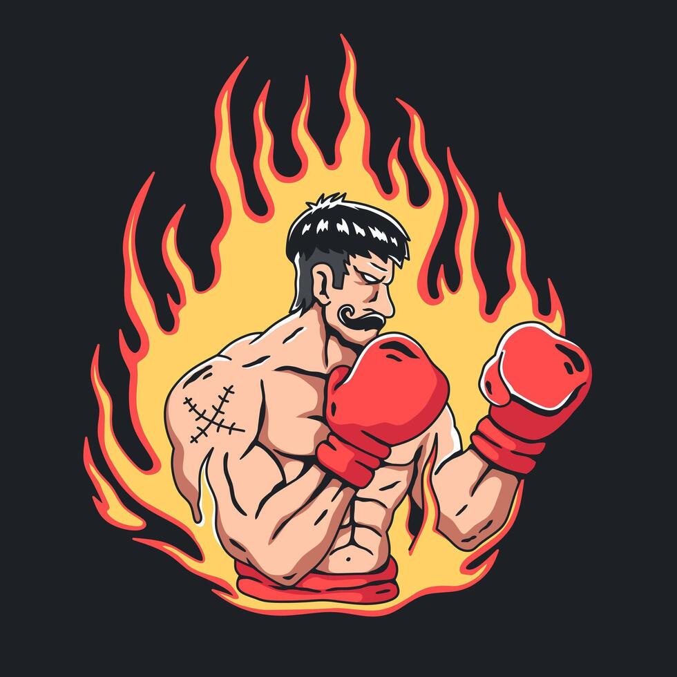illustration of a boxer with fire spirit. of the boxing legend in retro style vector
