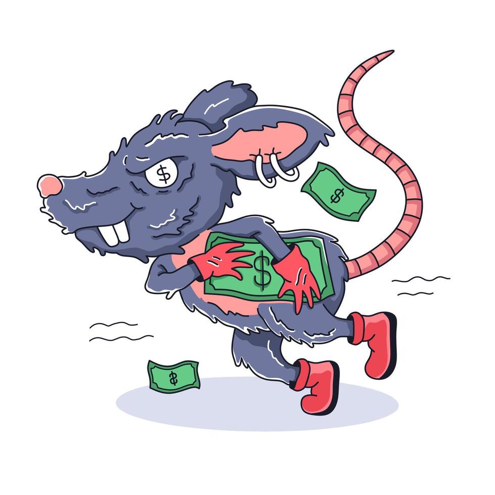 illustration of a mouse stealing money running greedily in a cute cartoon style vector