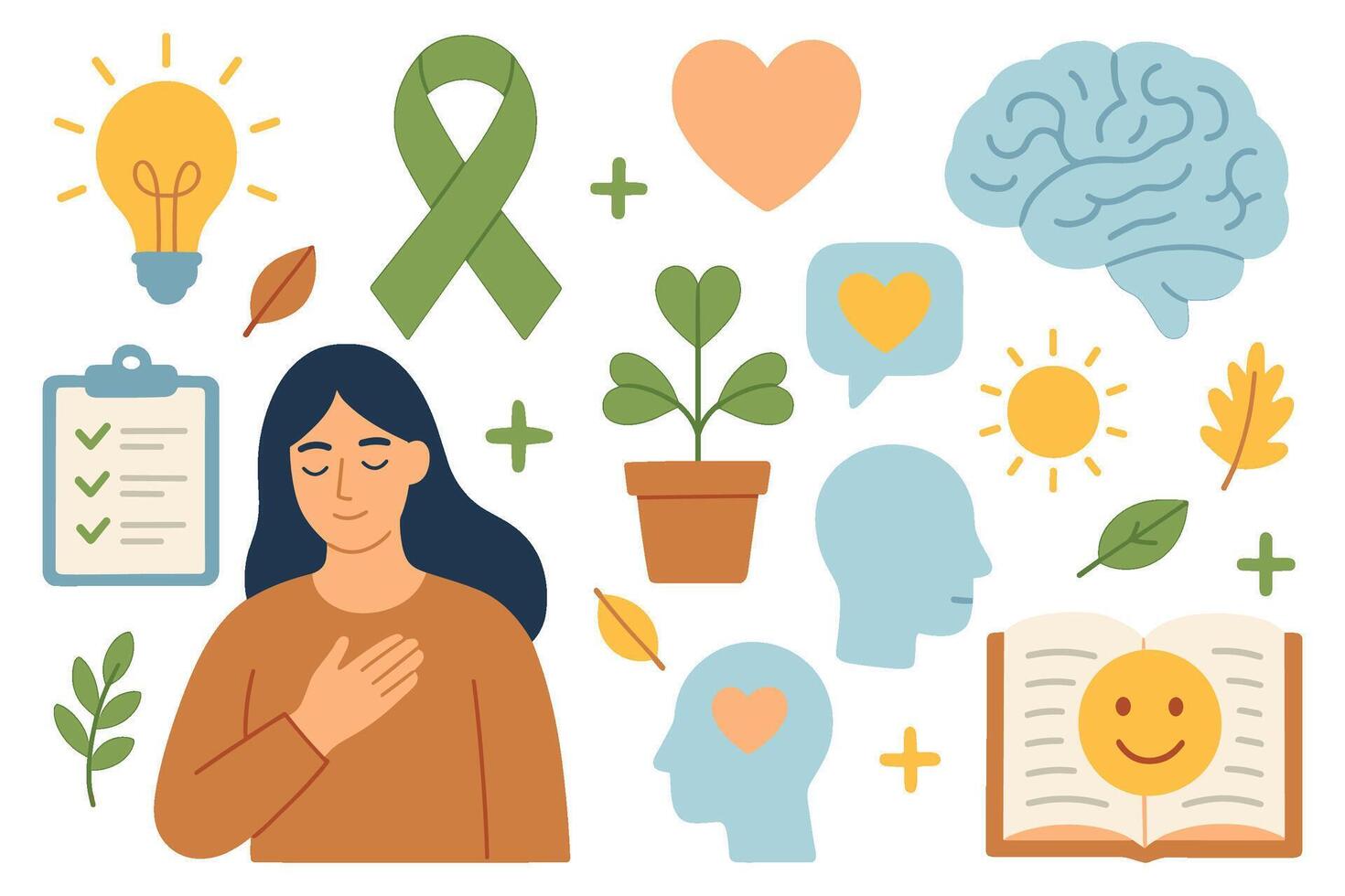 Mental wellness concept with icons representing brain health positivity self care and mindfulness growth vector
