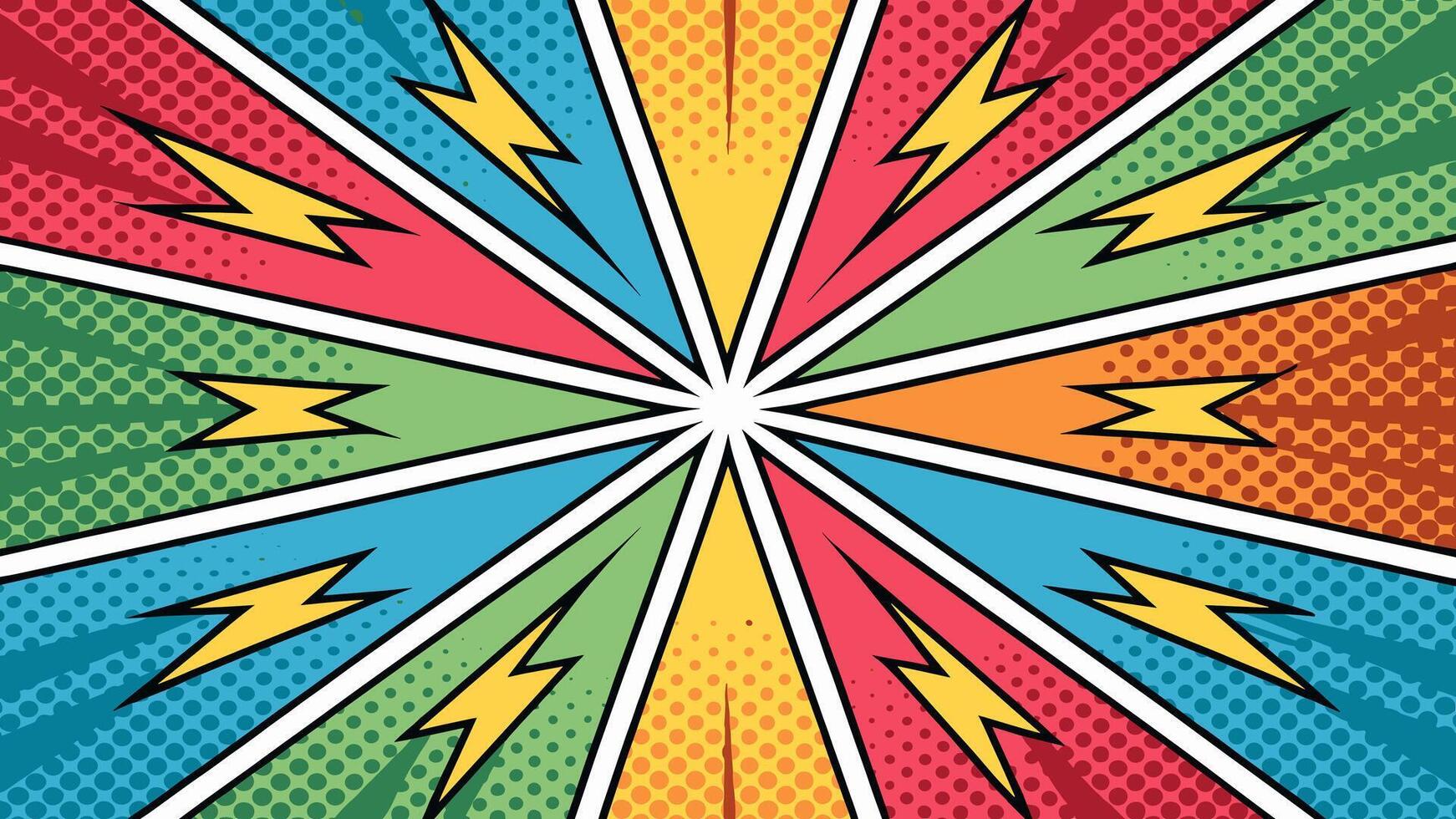 Colorful comic book style burst background featuring halftone patterns and dynamic lightning bolts effect vector