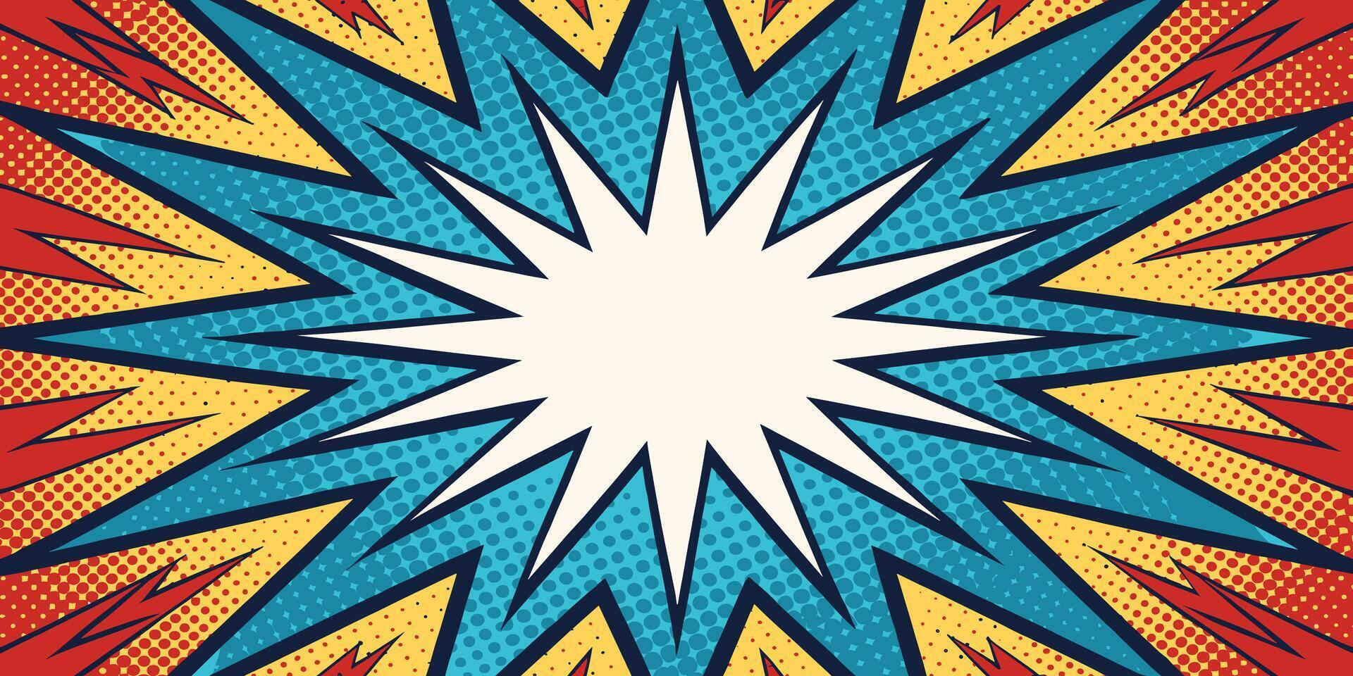 Energetic radial burst illustration with halftone texture and vibrant color layers creates excitement vector