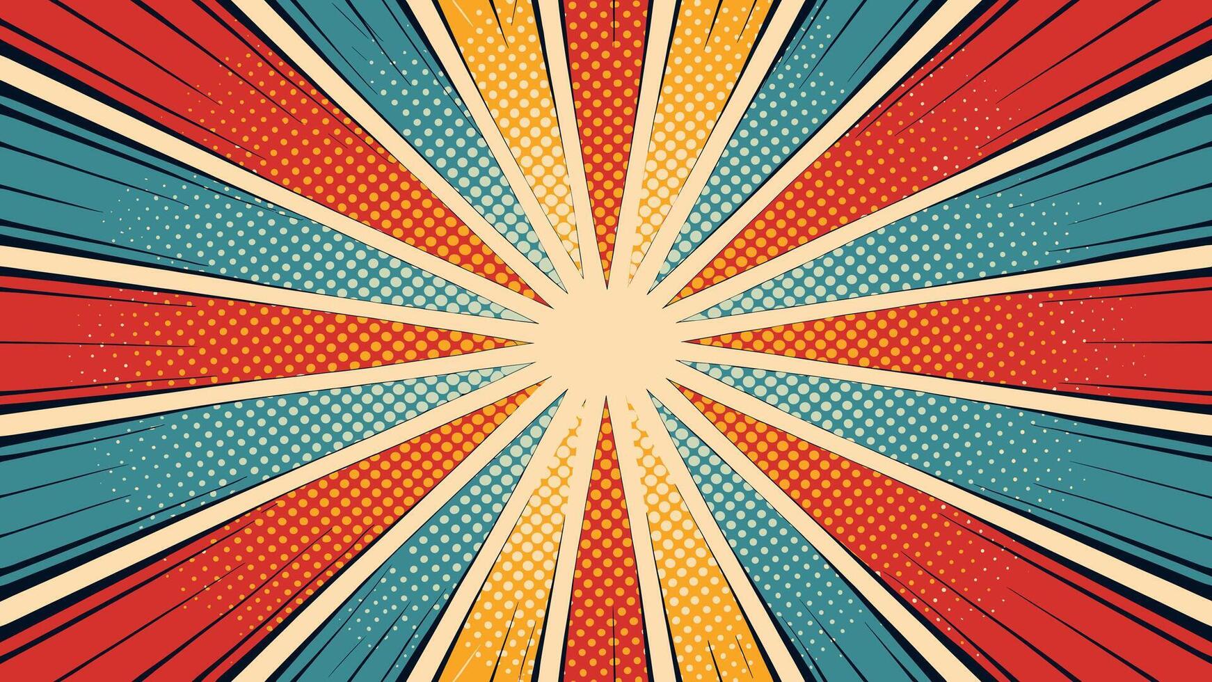 Retro explosion comic background with halftone effect in blue red yellow and beige color scheme vector
