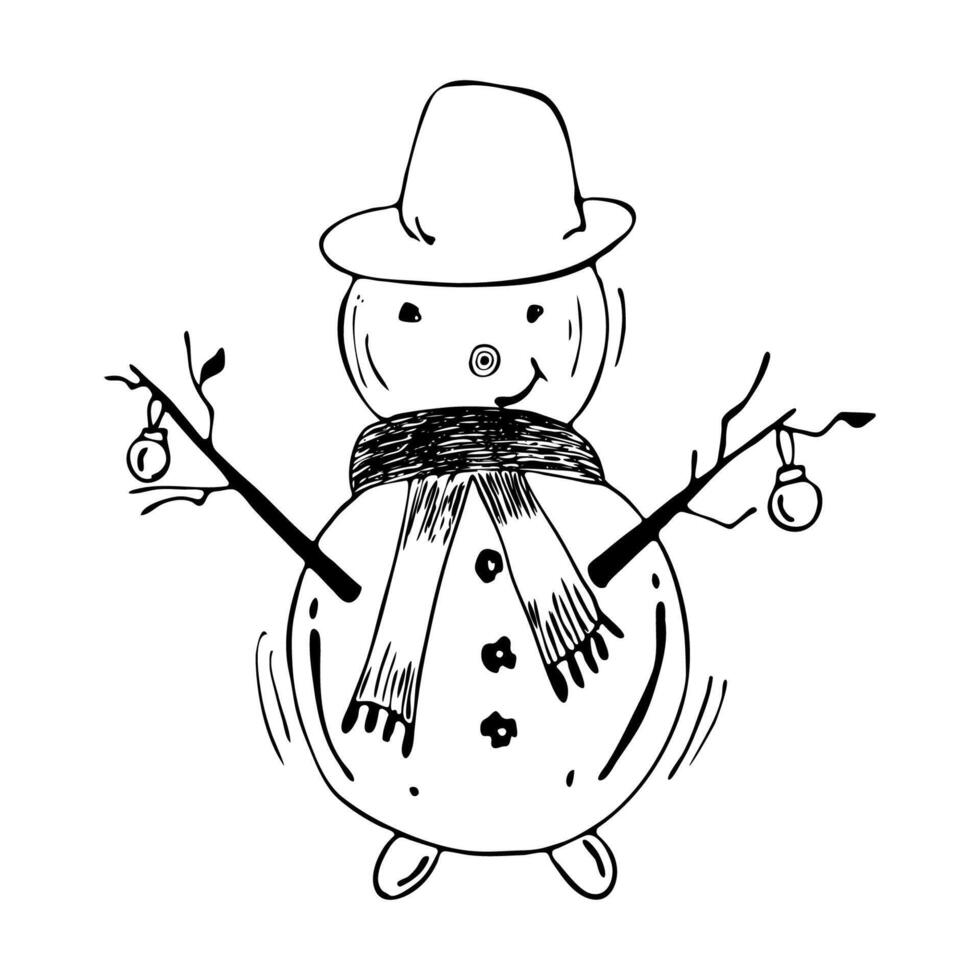 Snowman in doodle style on isolated white background. vector