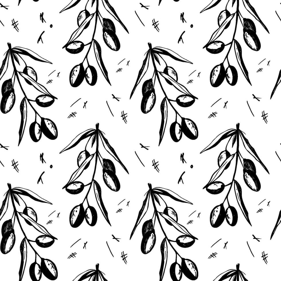 Pattern of hand drawn olive branches.Seamless texture in doodle style. vector