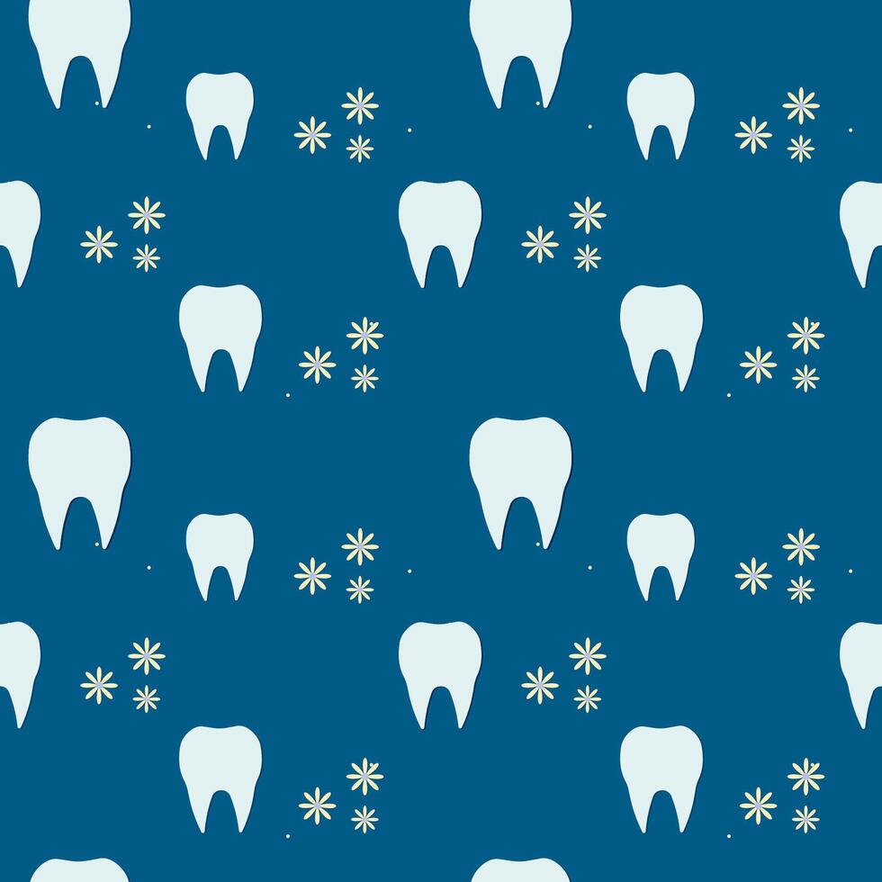 Seamless pattern of teeth and flowers on a dark blue background.Dentistry. illustration. vector