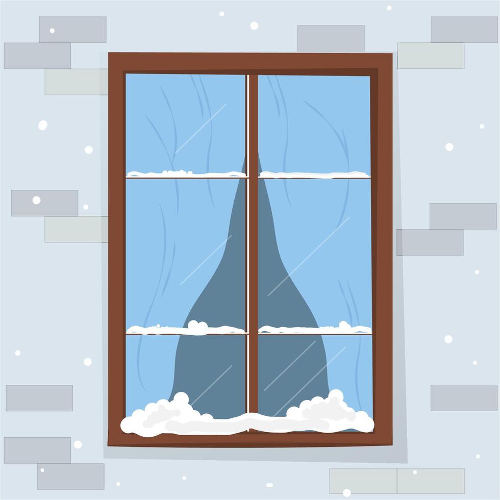 Winter window. Brick wall with window. Illustration in cartoon style. vector