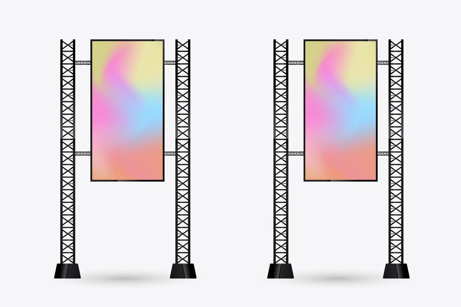 Group of two huge hanging LED column Mockup crossing the street for long, and realistic LED screen light box. the Illuminated technology long screen cross the road for advertising vector