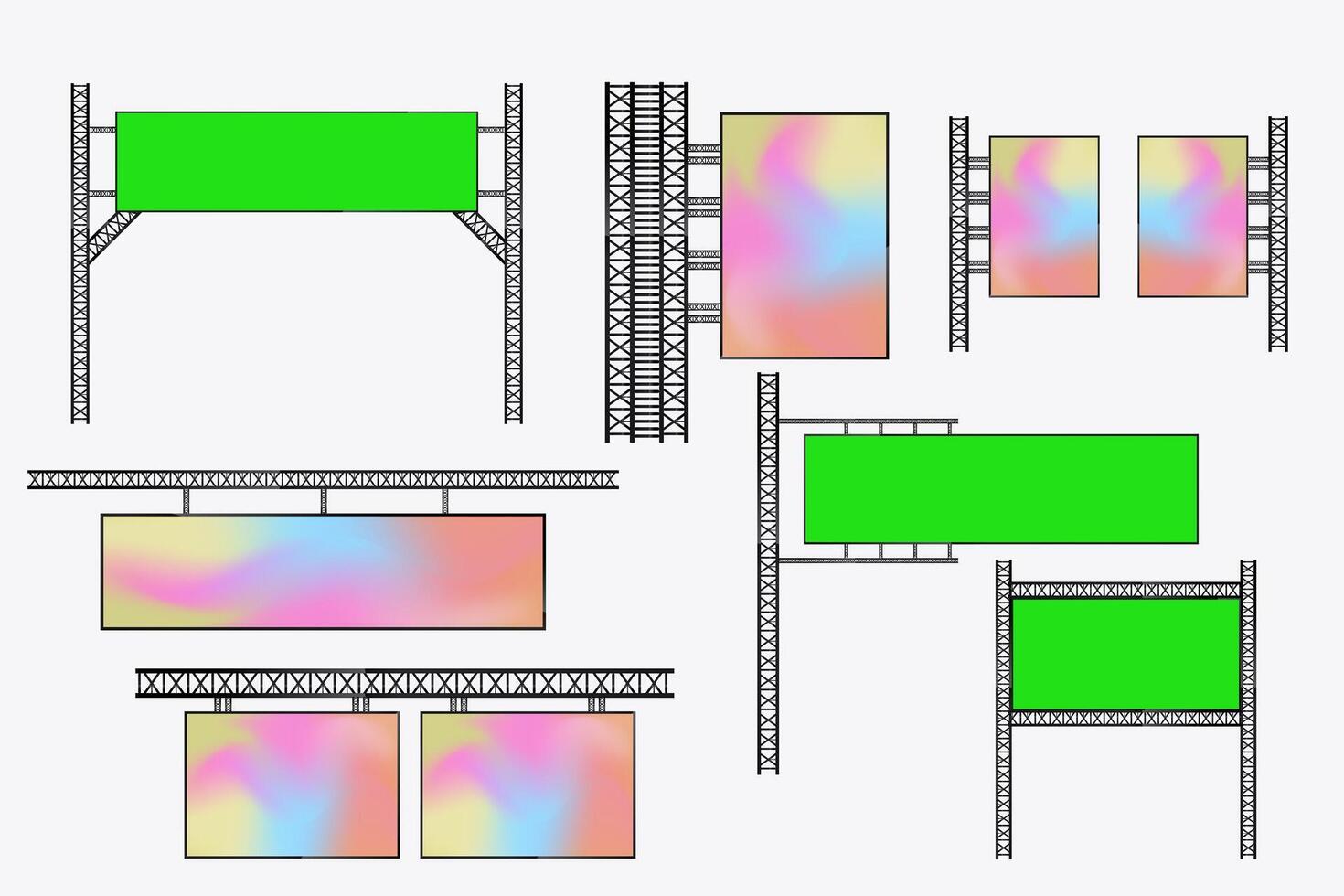 Collection of Hanging LED Screens Mockup cross the street for long realistic screen light box. Set of Illuminated technology long screens cross the road for advertising lightbox vector