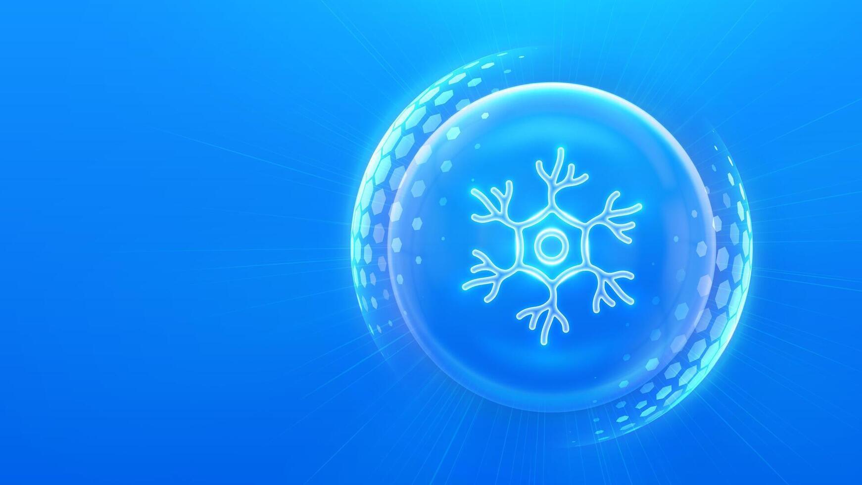 Nervous system protection. Nerve health. Neurology. Prevention of nervous system diseases alzheimer dementia. Nerve cell icon inside protection sphere shield with hexagon pattern. vector