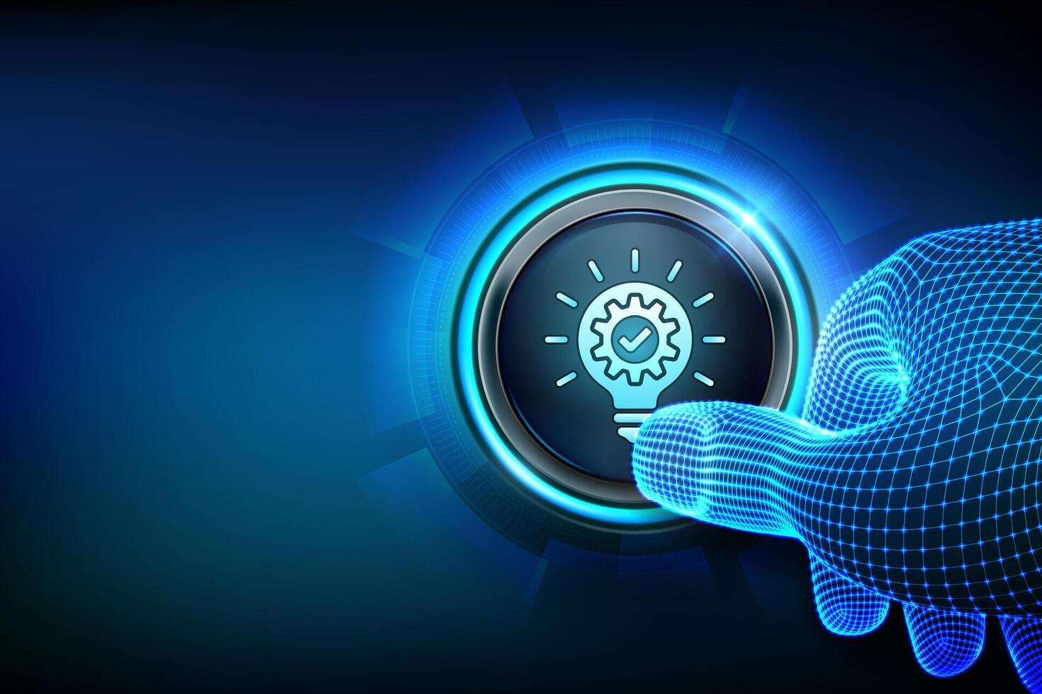 Innovation. Business innovative idea and solution technology concept. Creative Idea, inspiration. Brainstorming. Creative Thinking. A hand about to press the Innovation button. illustration. vector