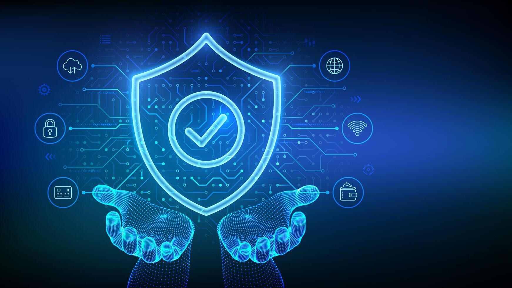 Security shield. Cyber security. Protection shield with Check mark icon in wireframe hands. Cyber data protection. Information privacy idea. Circuit board pattern. PCB printed circuit texture. . vector
