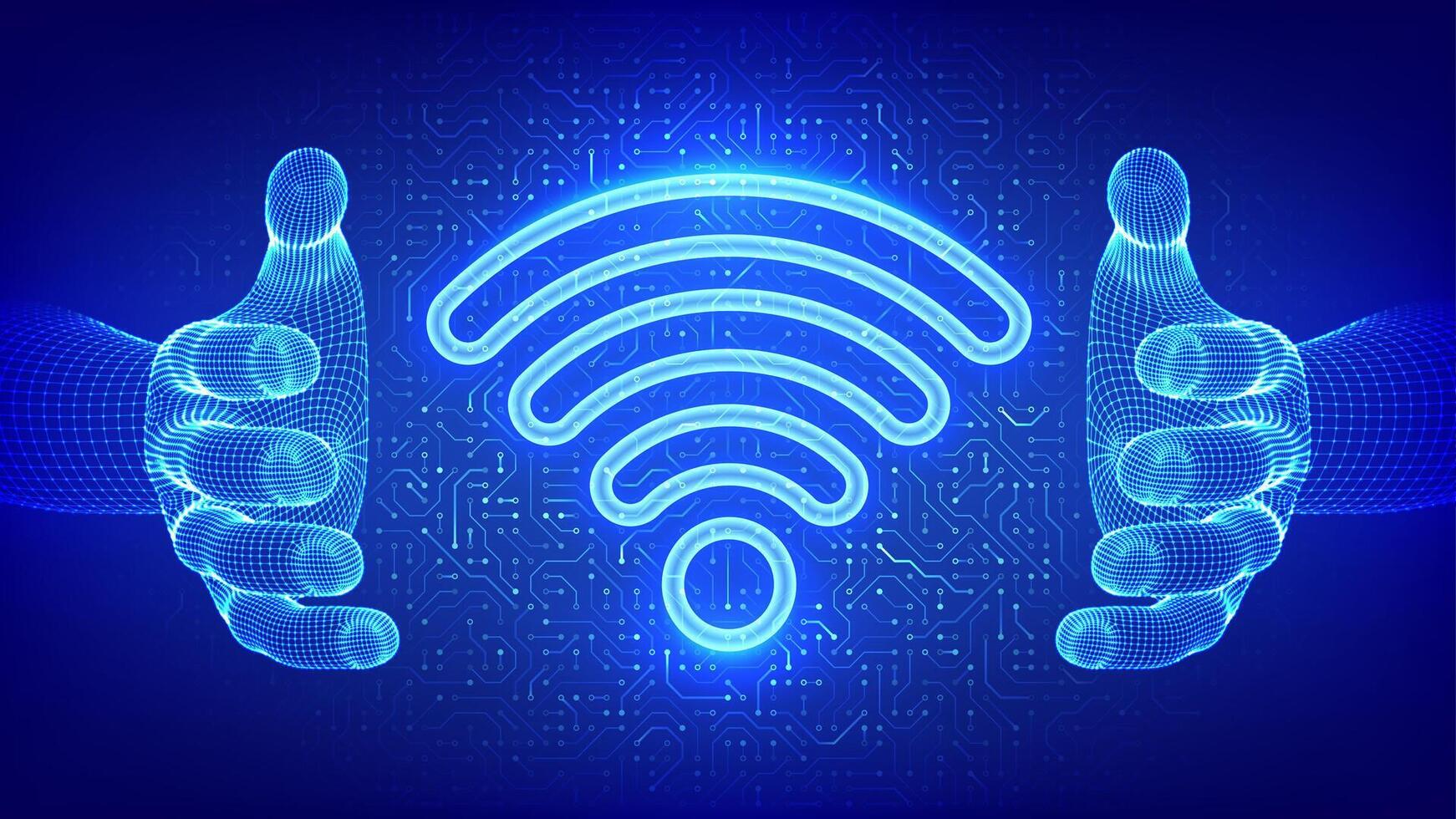 Wi-Fi network. Wi Fi icon in hands. Wlan access, wireless hotspot signal symbol. Mobile connection zone. Router transmission. Circuit board pattern. PCB printed circuit texture. vector