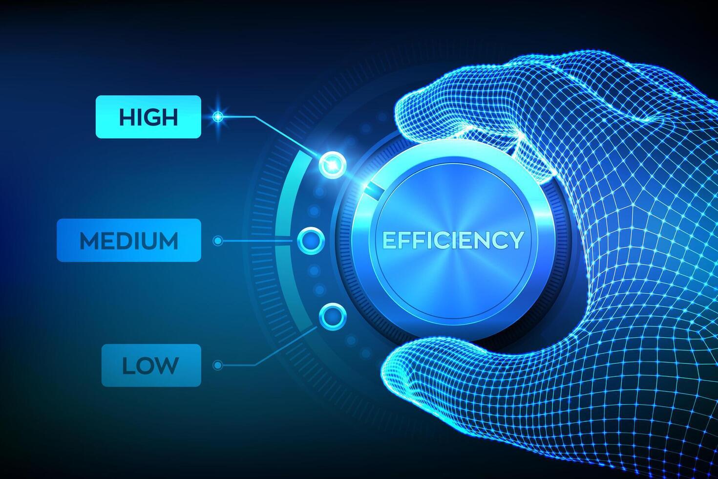Efficiency levels knob button. Increasing efficiency level. Wireframe hand turning an efficiency test knob to the highest position. Development and business growth concept. illustration. vector