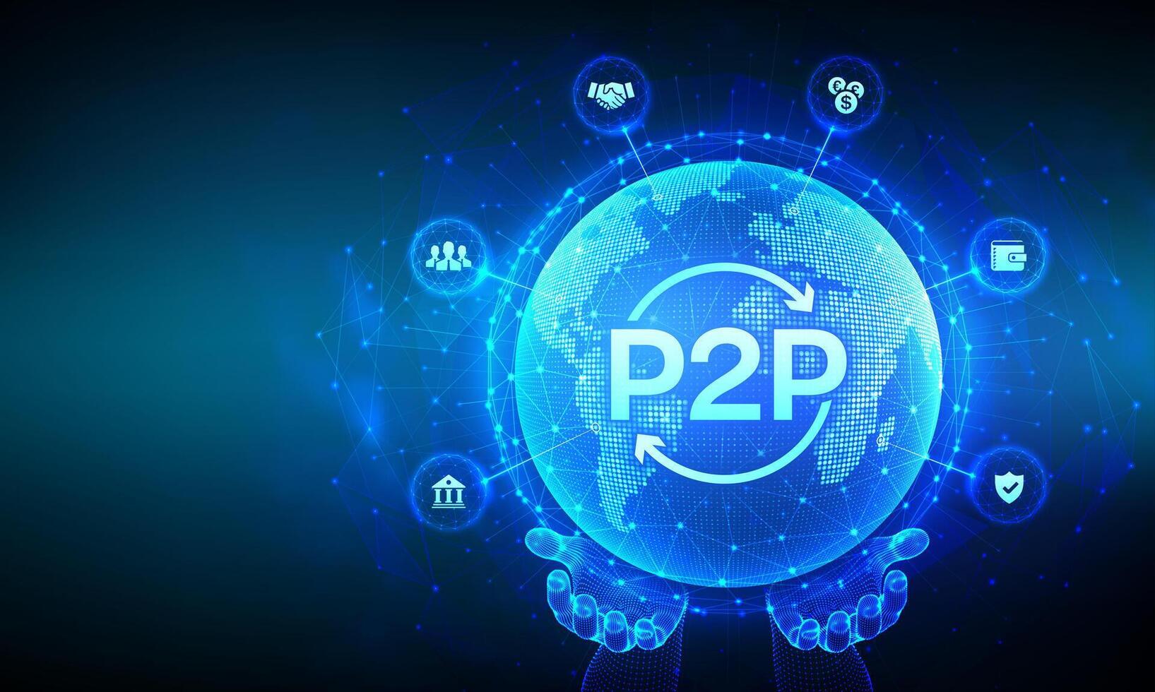 Peer to peer. P2P payment and online model for support or transfer money. Peer-To-Peer technology concept. World map point line composition. Earth planet globe in wireframe hands. illustration. vector