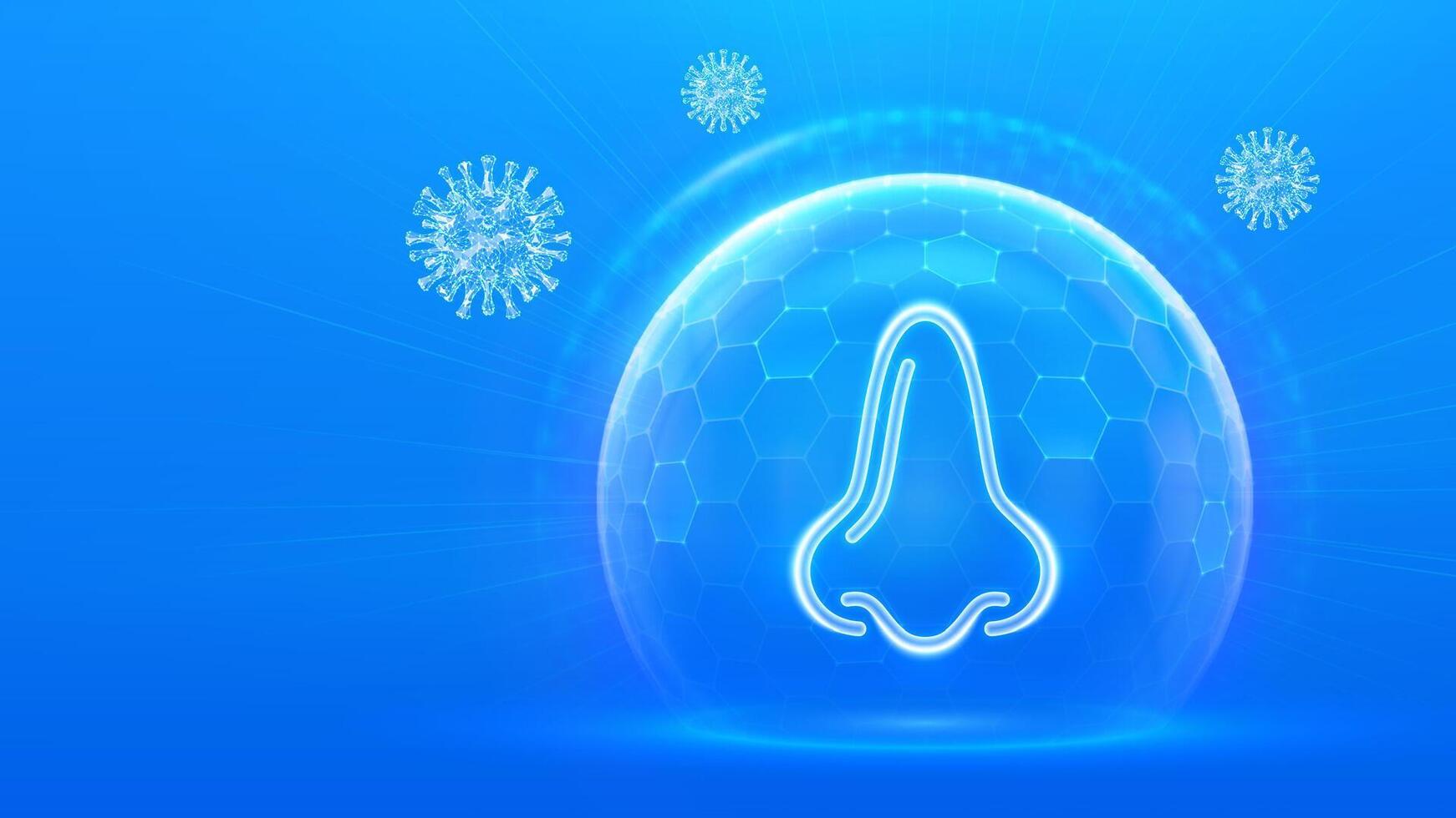 Human nose and respiratory system care. Protection from viruses, dust and allergens. Healthcare. Virus cell. Nose icon inside protection sphere shield with hexagon pattern vector
