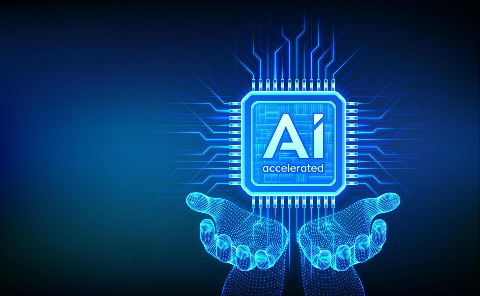 AI chip with the inscription AI Accelerated in wireframe hands. CPU microchip. Concept of artificial intelligence technology. AI accelerated processor chip. Machine learning. illustration. vector