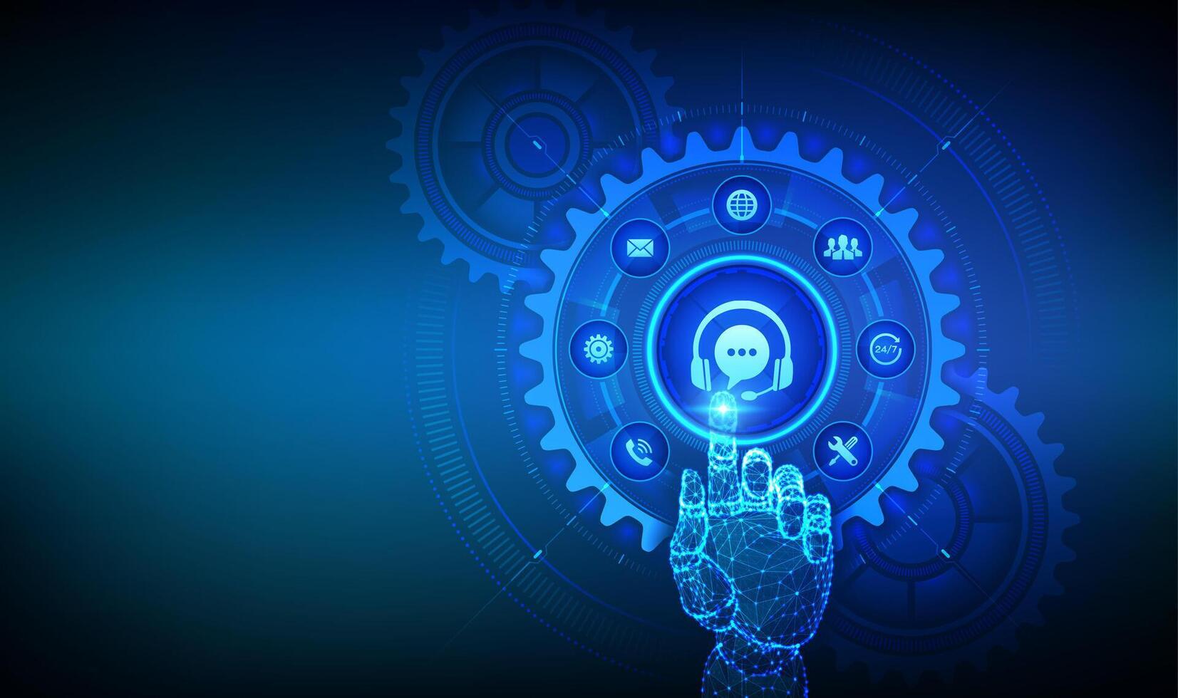 Customer support service technology concept. Technical support, customer service, tech support assistance. Hand touching digital interface with connected gears cogs and icons. vector