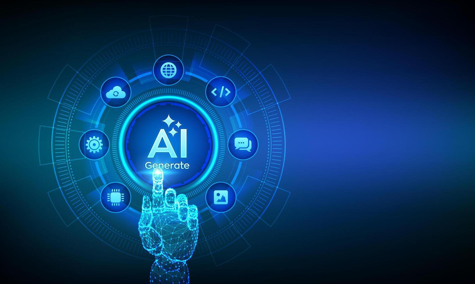 Generate with AI button. Artificial intelligence and Machine learning technology concept. AI enters by command prompt to generate ideas.Closeup finger about to press a Generate AI button vector