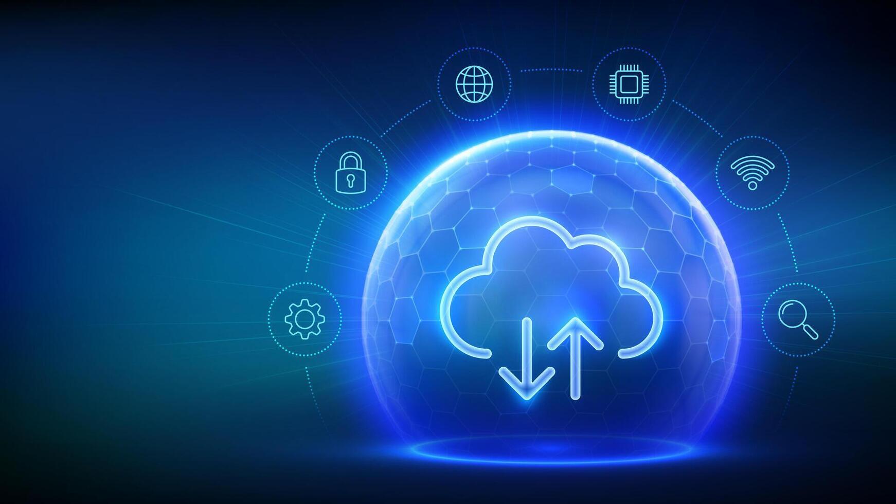 Secure Cloud Storage. Cloud icon inside transparent protection sphere shield with hexagon pattern on blue background. Cloud computing. Database storage, Data center protection vector