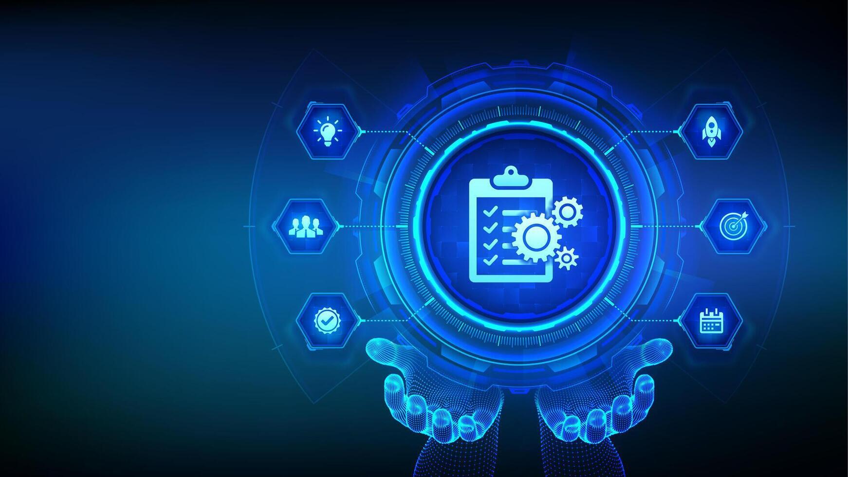 Project management icon in wireframe hands. Effective time planning technology concept. Project development. Business target. Company strategy. vector