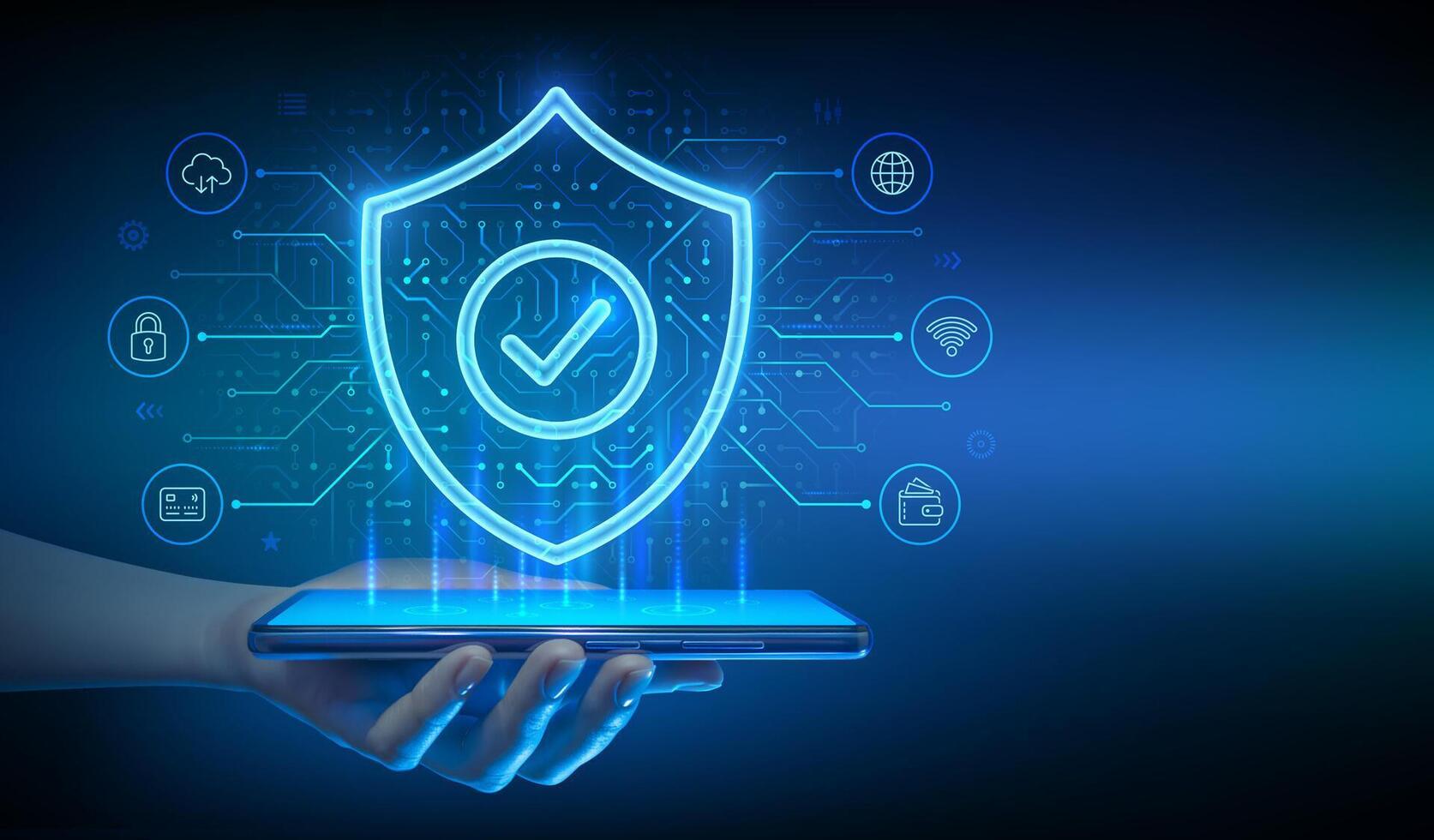 Cyber security app for smartphone protection. Protection shield with Check mark icon. Secure internet connection, vpn, encryption. Personal data protection. Smartphone in hand. illustration. vector