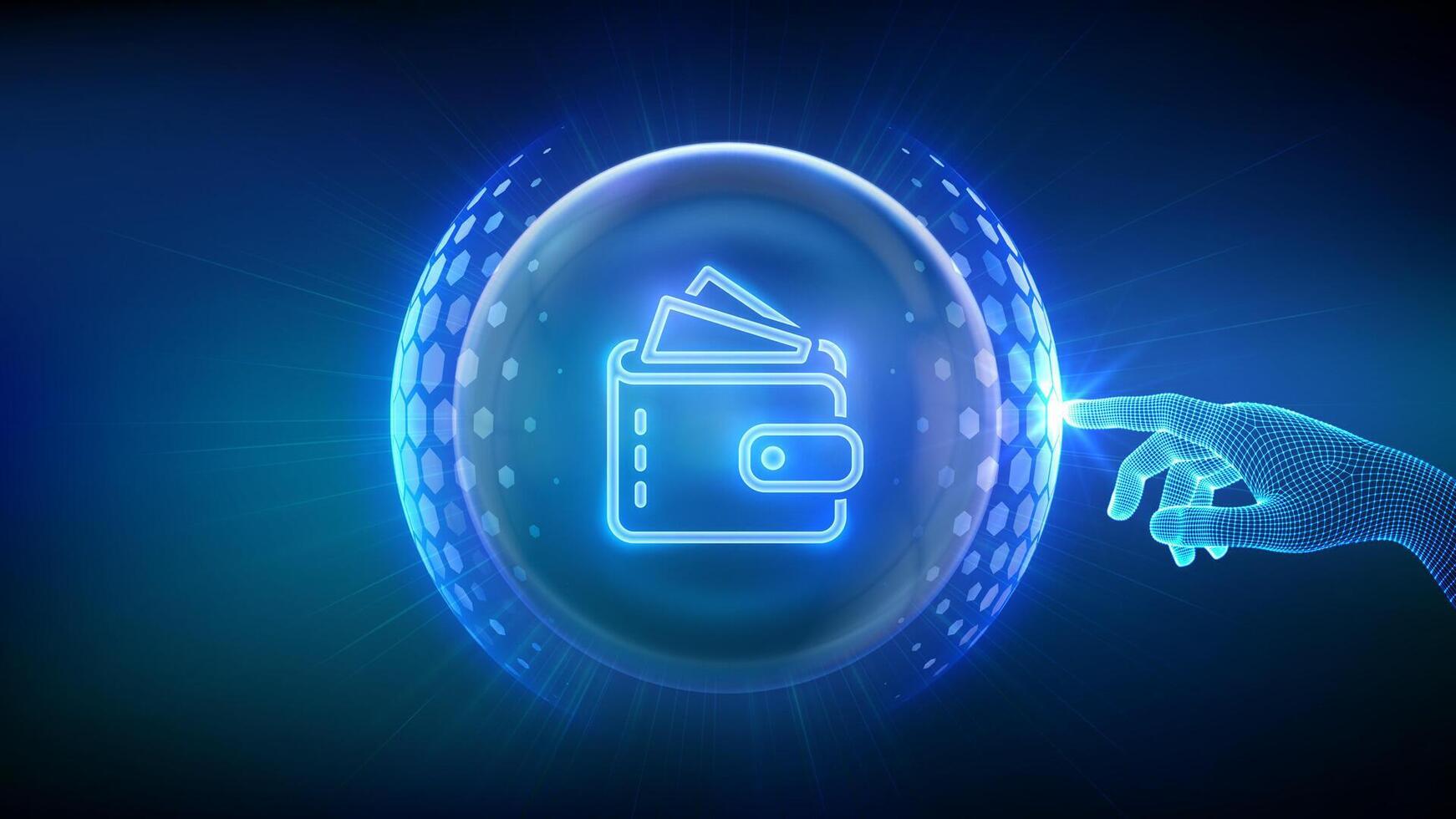 Secure Digital Wallet. Online banking. Safety payments. Secure transactions. Personal financial data protection. Hand touching transparent protection sphere shield with Wallet icon inside. . vector