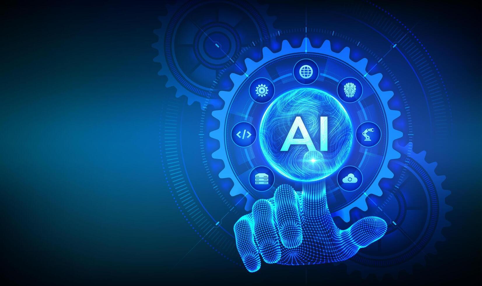 AI. Artificial Intelligence. Machine Learning Concept. Big data. Neural networks. Wavy grid sphere. Wireframe hand touching digital interface with connected gears cogs and icons vector